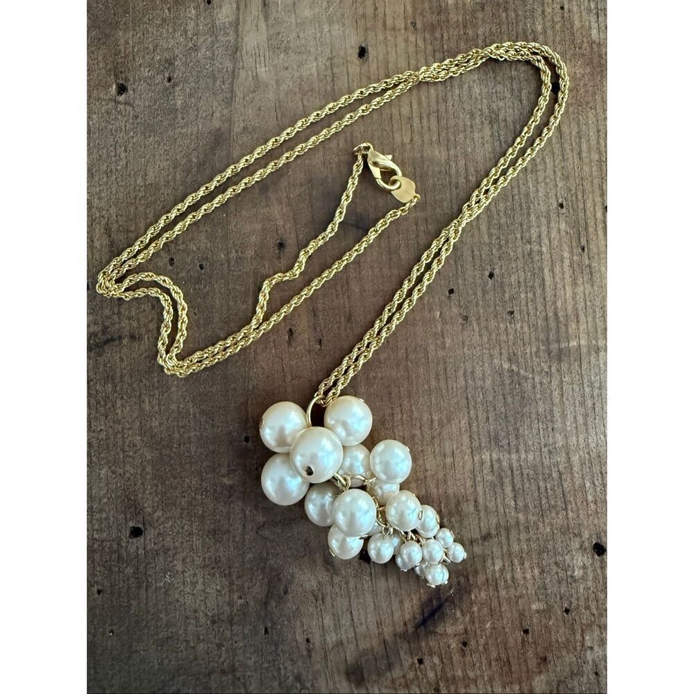 Unsigned Statement Necklace Pearl Cluster Gold Long